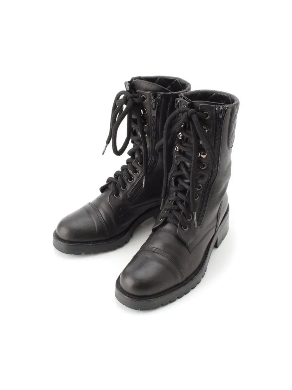 Chanel Sports Quilted Leather Lace-up Boots Shoes Black